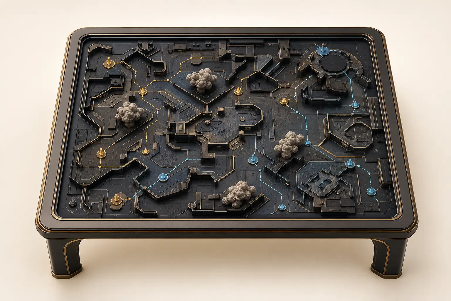 Taktischer Spieltisch mit Wegen, Markierungen und Rauchpunkten