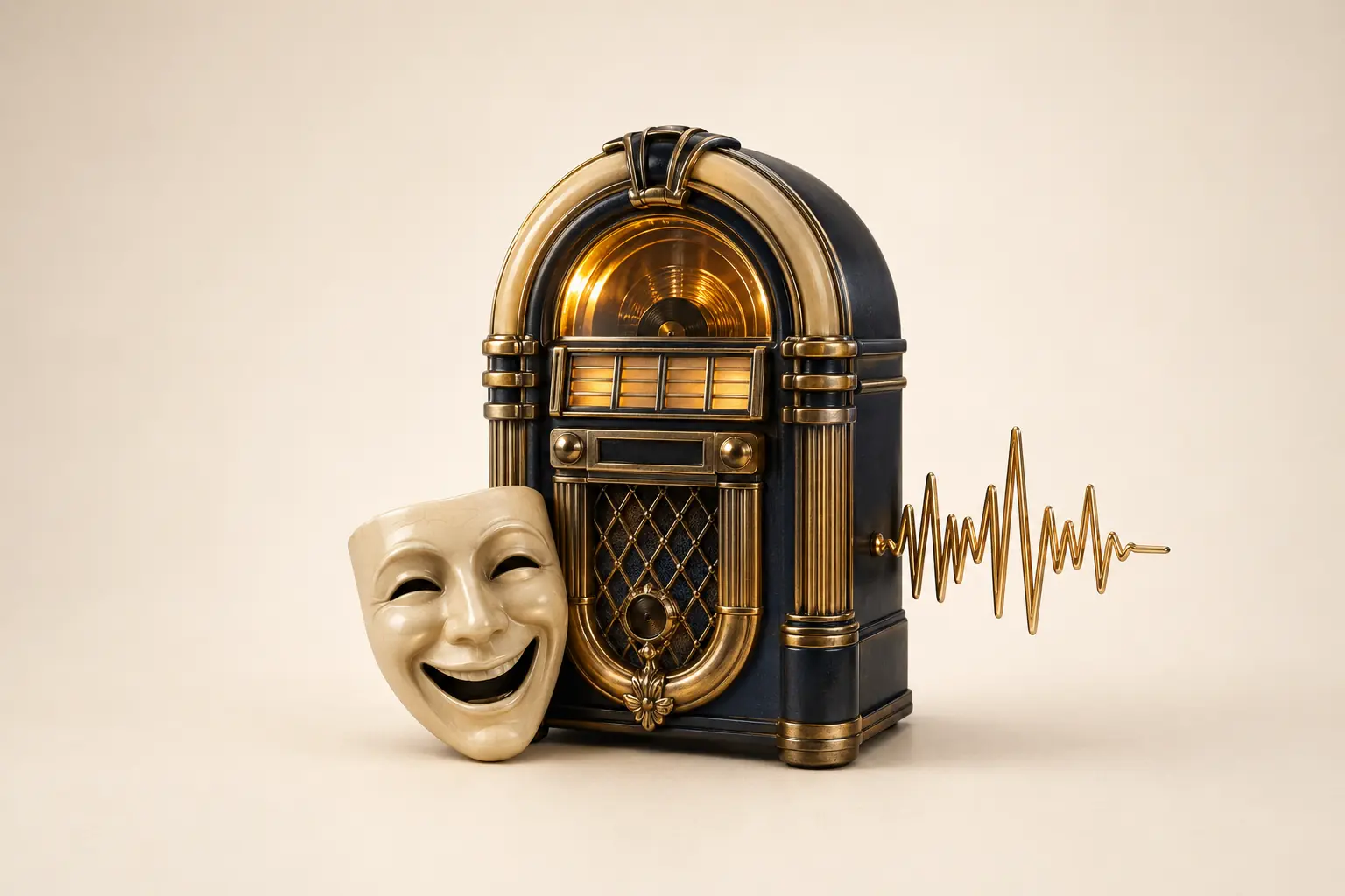 Kleine Jukebox mit Theatermaske und leuchtender Klangwelle