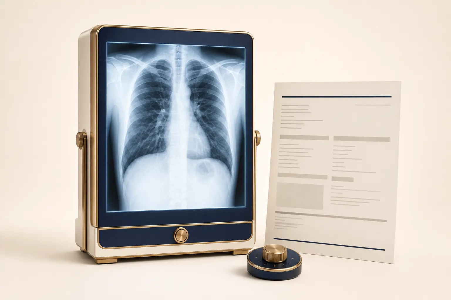 Radiologischer Leuchttisch mit Thoraxaufnahme und strukturiertem Befundbogen