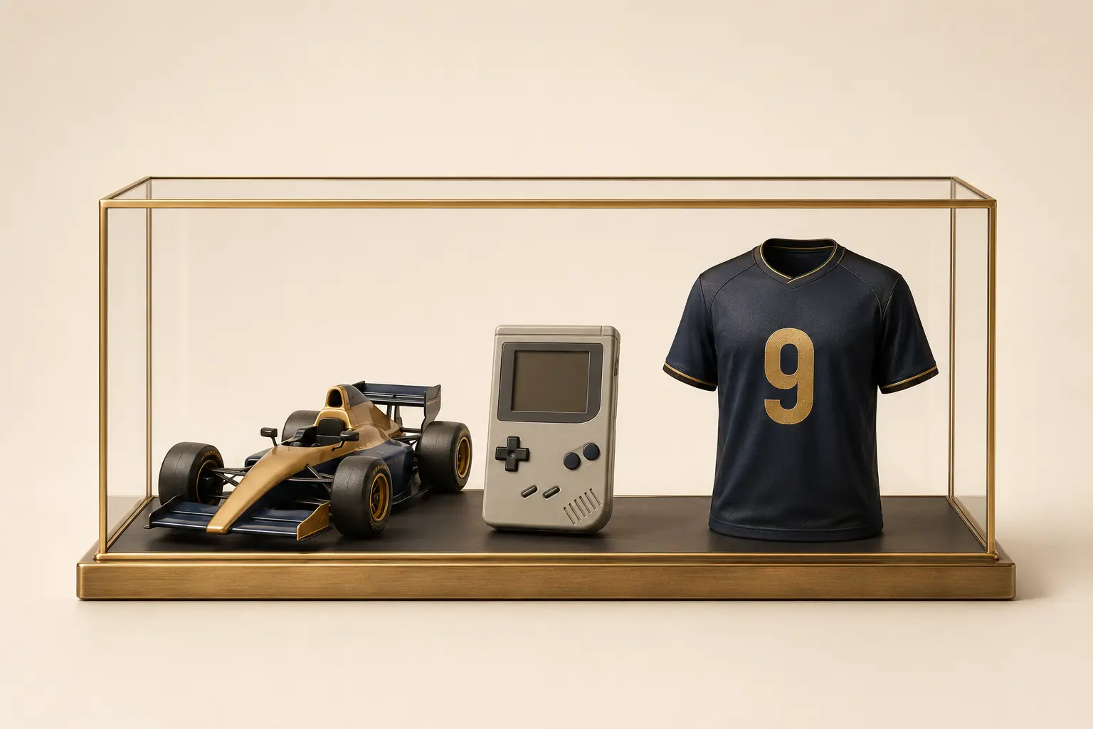 Sammlervitrine mit Modellrennwagen, Retrospiel und Trikot