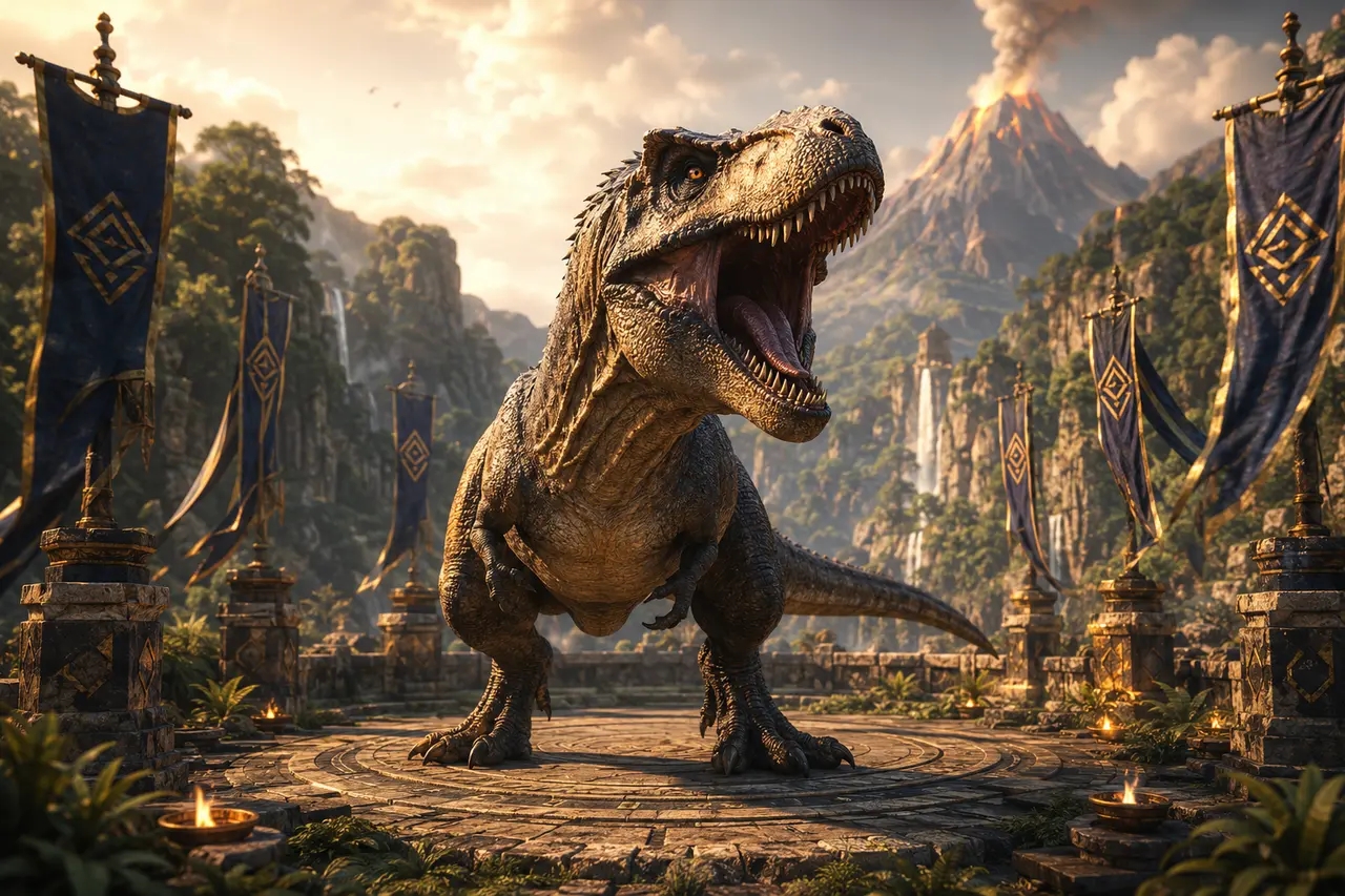 Tyrannosaurus rex in einer steinernen Arena vor einer Vulkanlandschaft