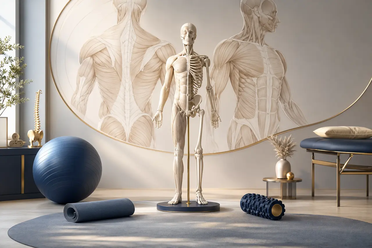 Heller Physiotherapie-Lernraum mit Anatomiemodell und Trainingsmaterial