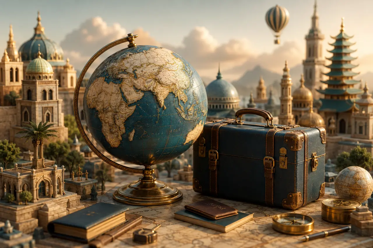 Reisewelt mit Globus, Koffer und architektonischen Miniaturen