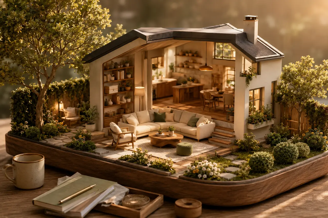 Warmes Miniaturhaus mit offenem Wohnbereich und Garten
